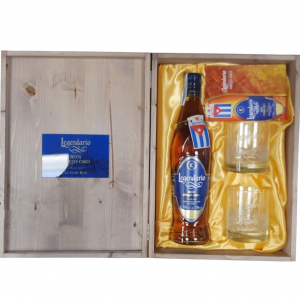 Legendario Cassetta Legno ORO DI CUBA Anejo Oro 70 cl. 38 vol. + 2 bicchieri